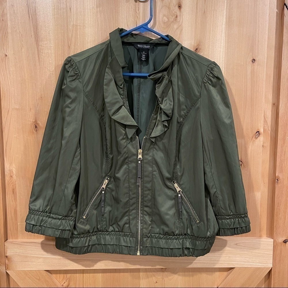 𝅺WH+BM green metallic bomber jacket with 3/4 length sleeve, asymmetrical collar